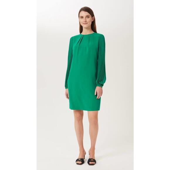 Hobbs Greta Green Popover Dress Pleated Sleeve Sheath Chic Minimalist Size 12 - Picture 1 of 13